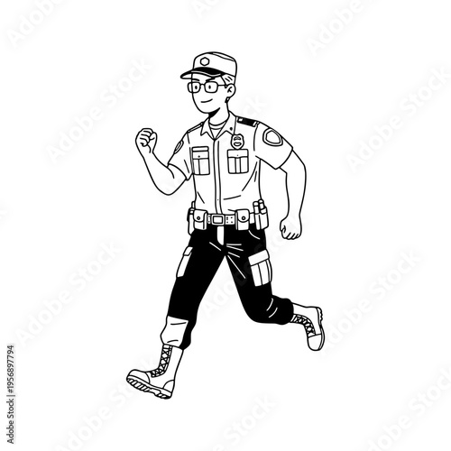 Policeman character running in uniform vector illustration in sketch style.