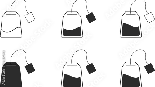 Tea bag icon collection with different fill levels, hot drink beverage symbol set isolated on light background