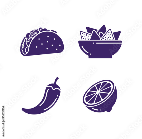 Purple icons of taco nachos in bowl chili pepper and half orange on white