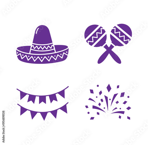 Purple Mexican fiesta icons including sombrero maracas bunting and fireworks on white background