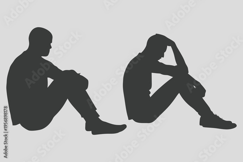 Depressed Man Sitting on the Floor in Despair silhouette vector. Realistic Sad people silhouette illustration.