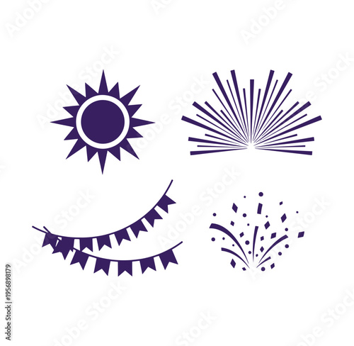 Purple party icons including sunburst explosion and festive bunting on white background