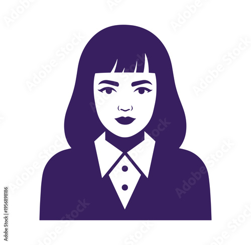 Purple silhouette of a woman with shoulder length hair and bangs wearing a collared shirt