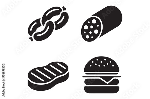 Black and white icons depicting various types of processed meat products