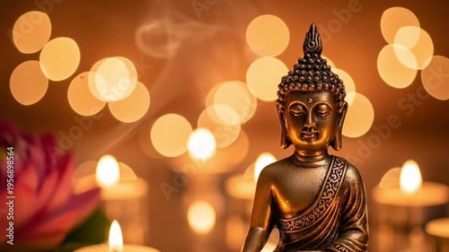 Happy buddha purnima. Buddhist figure with candles on a dark background with copy space. national day of birth of buddha