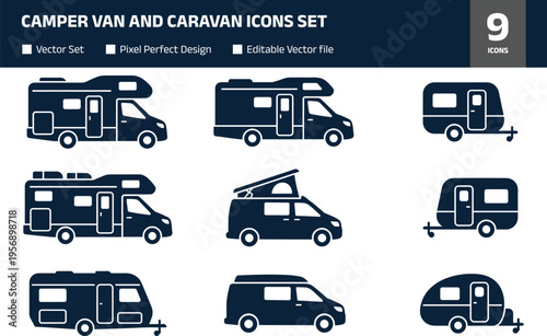 Camper van and caravan icons set, RV motorhome collection, travel trailer symbols, road trip vehicles vector silhouettes isolated on white background