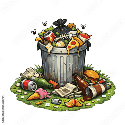 A vector illustration of an overflowing trash bin with fish bones, leftover food, drink bottles, and many flies around, highlighting waste problems in a simple visual style.