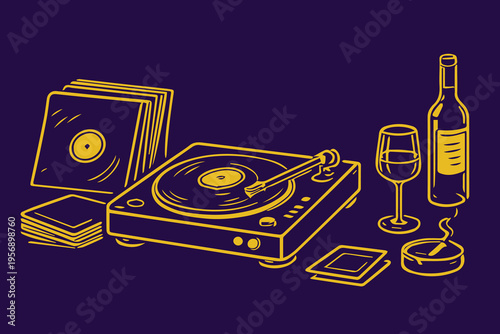 A simple vector featuring many vinyl records, a turntable, a bottle of wine, a glass, and a cigarette, creating a relaxed chill concept with a calm and laid back atmosphere.