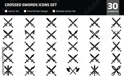 Crossed swords icons set, medieval weapons collection, warrior blades symbols, fantasy and battle elements vector silhouettes isolated on white background
