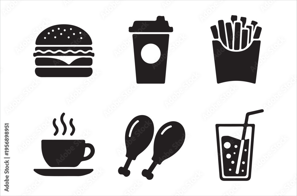 Fototapeta premium Black silhouette icons depicting various fast food and beverage items