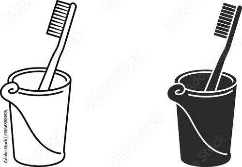 Toothbrush in cup icon set, dental hygiene bathroom accessory outline and solid style oral care vector illustration