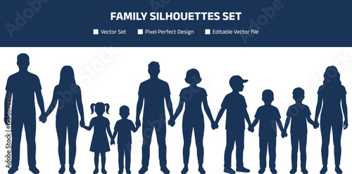 Family silhouettes set, parents and children holding hands, people unity, love and togetherness concept, vector illustration isolated on white background