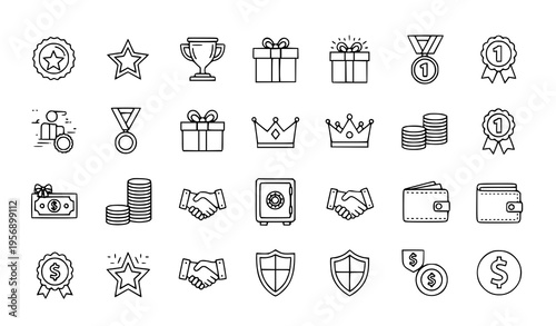 A set of black and white line art icons representing business and finance concepts