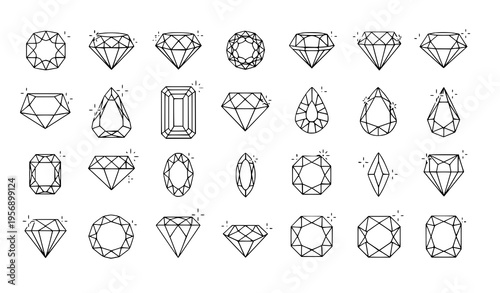 A set of various diamond shapes and cuts in a minimalist line art style