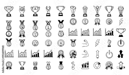 A collection of black and white vector icons representing awards and achievements