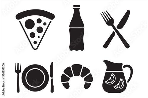 Black silhouette icons depicting pizza drinks and various dining items