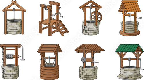 Traditional village water well icons set with wooden frames, rope bucket system rural water source vector illustration