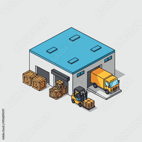 Isometric warehouse with forklift loading cargo truck and wooden crates