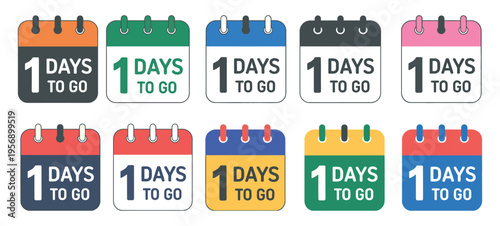 Countdown Timer Icon Set, vector illustration showing 1 to 5 days to go with clock, representing limited time offers, deadlines, urgency, and time-sensitive promotions, clean professional design.