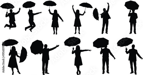 Collection of people silhouettes holding umbrellas in dynamic poses including jumping, dancing, standing, and gesturing in artistic black vector design