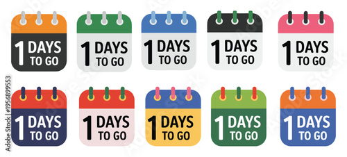 Countdown Timer Icon Set, vector illustration showing 1 to 5 days to go with clock, representing limited time offers, deadlines, urgency, and time-sensitive promotions, clean professional design.