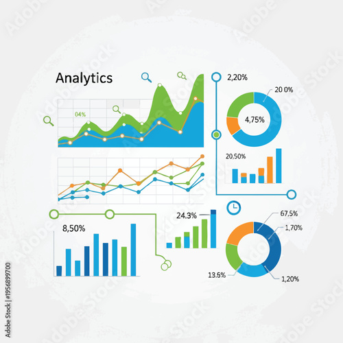 Various colorful charts and graphs depicting data analytics