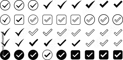 Check mark icon set vector collection with tick symbols in circle square and outline styles for approval validation interface design