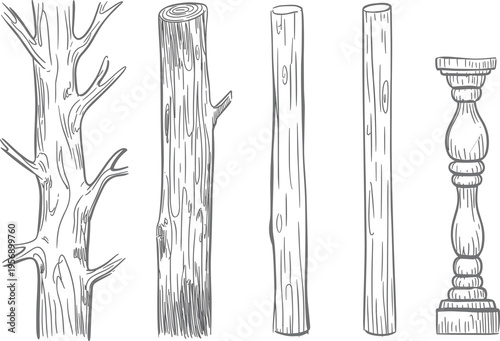 Tree trunk to carved wooden pillar transformation set, woodworking process illustration, natural timber log evolution, furniture craft design concept