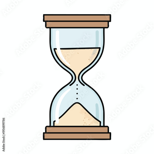A stylized hourglass with light blue glass and tan sand, showing time passing