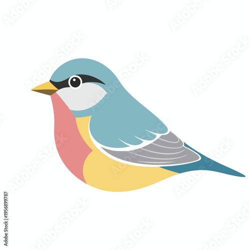 A stylized bird with blue, pink, yellow, gray, and white plumage