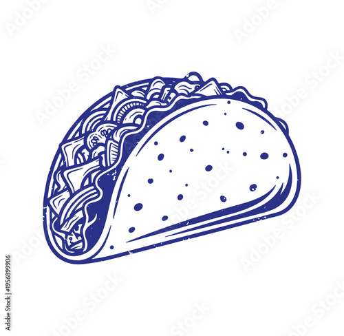 A blue illustration of a taco with various fillings on a white background
