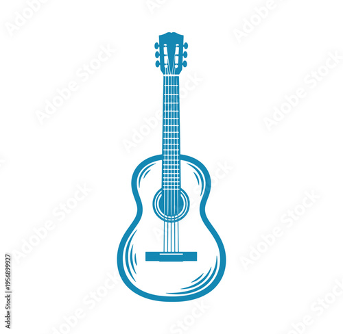 Blue acoustic guitar illustration in a simple line art style on white background