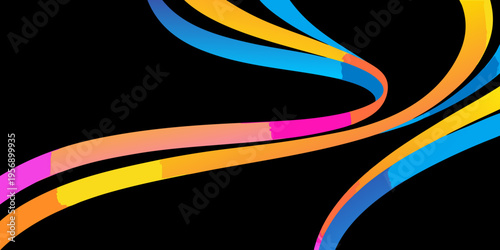 Colorful ribbons flowing dynamically against a stark black background