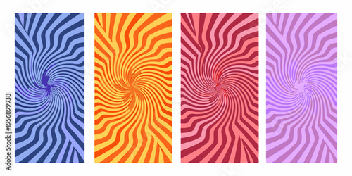 Four vibrant swirling patterns in blue orange red and purple hues