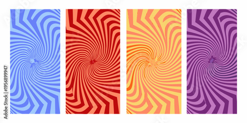 Four vibrant swirling striped panels in blue red yellow and purple