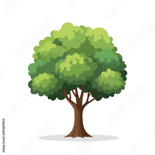 A stylized, cartoonish deciduous tree with a thick brown trunk and a large, rounded canopy of green leaves