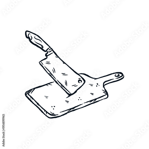Cleaver Knife and Cutting Board Handdrawn outline Illustration