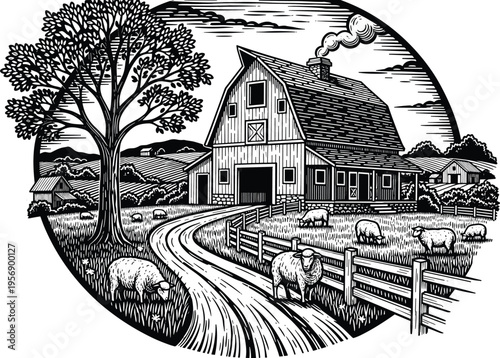 Detailed farmhouse illustration with barn fence trees and rural landscape showing countryside living farming life and agricultural scenery in vintage engraving style design