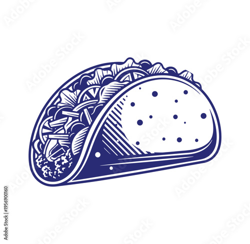 blue illustration of a folded taco with filling  Mexican food