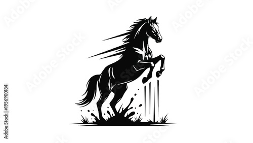 Black and White Horse Illustration Jumping Fence.