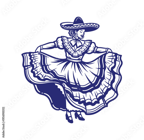 blue illustration of a woman wearing a sombrero dancing in a traditional mexican dress