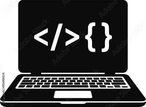 Black Laptop with Coding Symbols Vector Icon