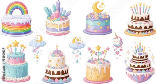 Fantasy Birthday Cake Collection with Rainbow, Unicorn, Moon, Candles, Stars, and Pastel Party Dessert Vector Illustrations