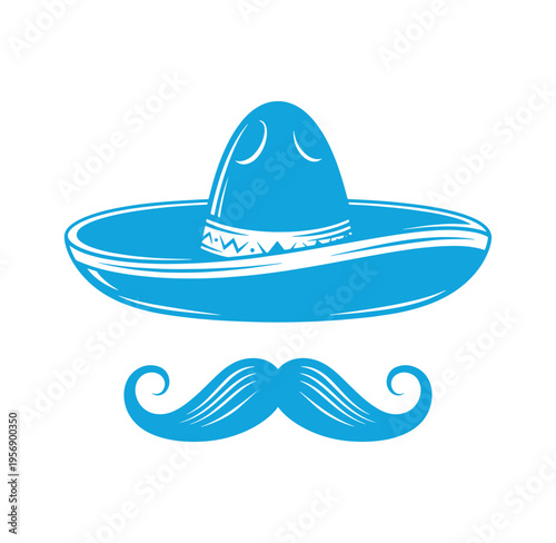 blue mexican sombrero and mustache on white background