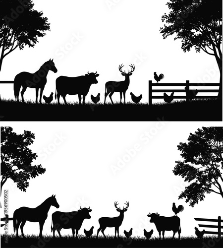 Farm animal silhouettes in rural landscape with horse cow deer chickens and fence scene representing countryside farming nature and livestock illustration design