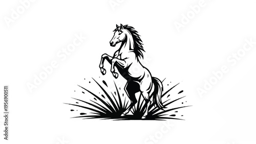 Black and White Horse Illustration Rearing Up.