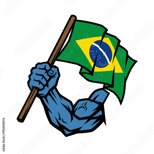 Brazilian flag waving muscular arm symbol.
