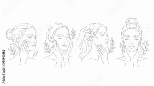 Line art illustrations of women performing natural skincare and beauty routines with botanical elements.