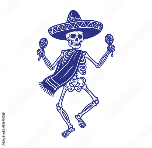 Dancing skeleton wearing sombrero and shawl holding maracas in hands  festive Mexican icon