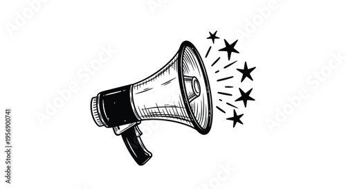 Black and white sketch of a megaphone with radiating stars